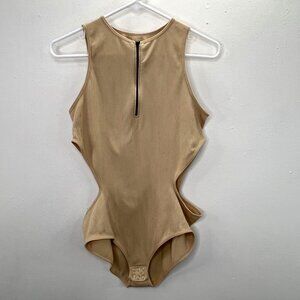 Uniik Stuff Bodysuit L Beige Nude Cutout Sides Zip Front Sleeveless Ribbed